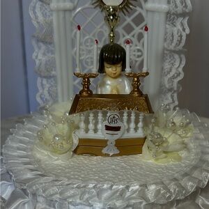 Elegant White and Gold Communion Cake Topper